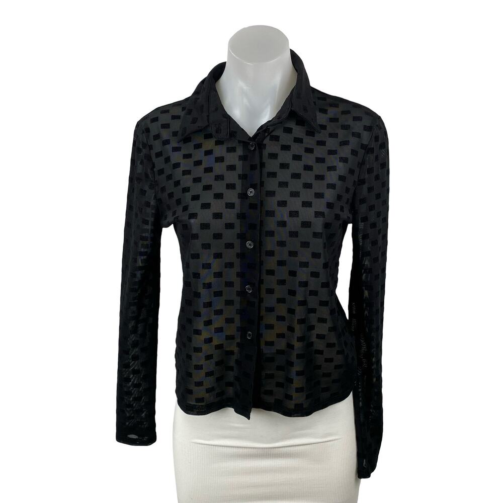 Edikted Womens Black Check Blocks Long Sleeve Sheer Button Down Shirt Top Size 1